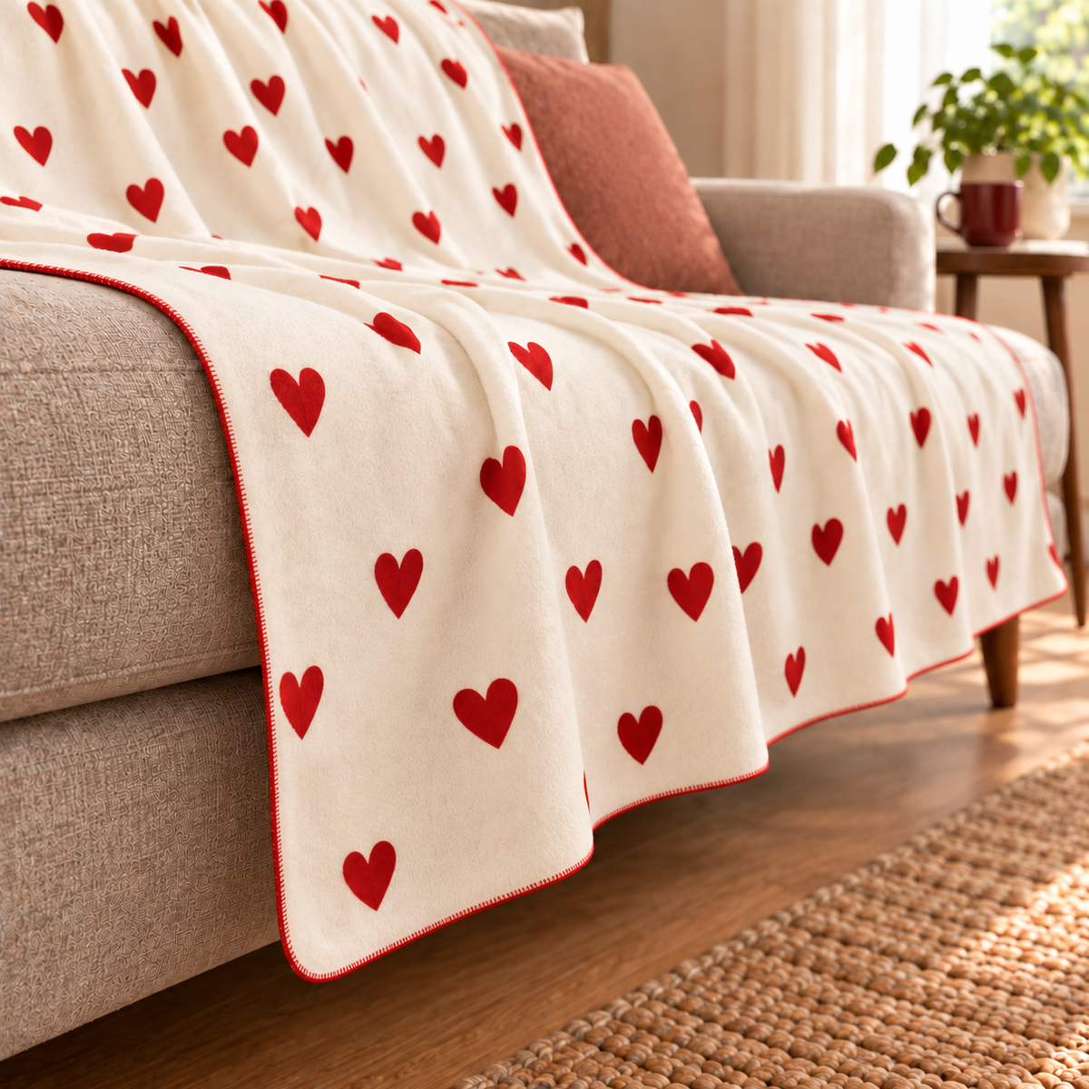 Little Red Hearts Polar TV Battaniyesi — yandan kenar ve ince dikiş detayı